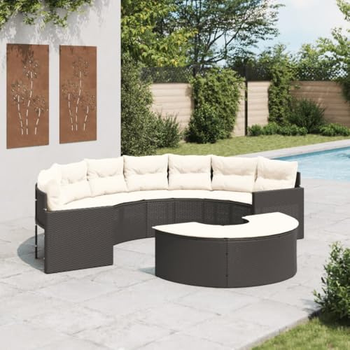 QJBSAVVA Halbrundes Gartensofa Set 287 cm Schwarz Poly Rattan mit dicken Sitzkissen Outdoor Lounge Couch für Terrasse Balkon und Garten
