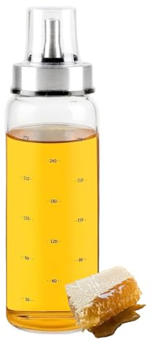 Hynorian Dispensador de miel de cristal de 300 ml con tapa y boquilla para mesa de cocina