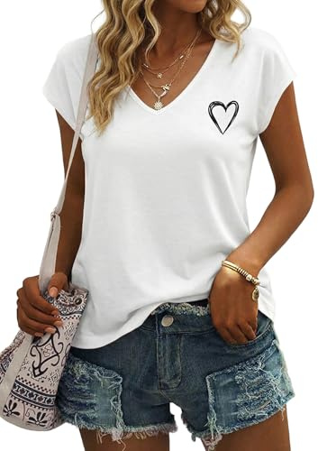 Gyabnw Tee Shirt Femme Col V Manches Courtes Imprimé Cœur | Petit cœur imprimé, Coupe décontractée, Tissu léger, Basique casual pour quotidien et loisirs
