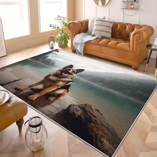 Machine Washable Rug Kuscheliger Wohnzimmer Teppich Deutscher SchäFerhund Aus Dem Lake Jungle Area Rug Living Room, Non-Slip Carpet, Tier Material ideal für Kinder Haustiere 160x230 cm