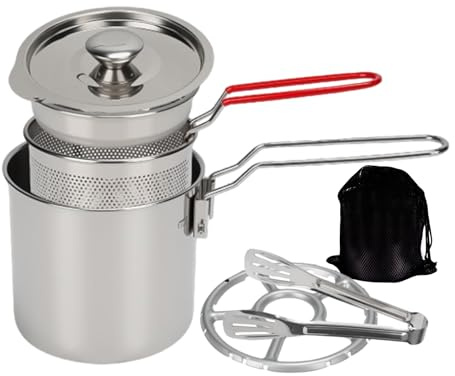 Frittiertopf Edelstahl 1.2L Mini Fritteuse mit Frittierkorb und Sieb, Fettbehälter Ölfiltertopf mit Deckel Clip und Herdrost, Kleine Japanische Sparfritteuse für Küche/Camping