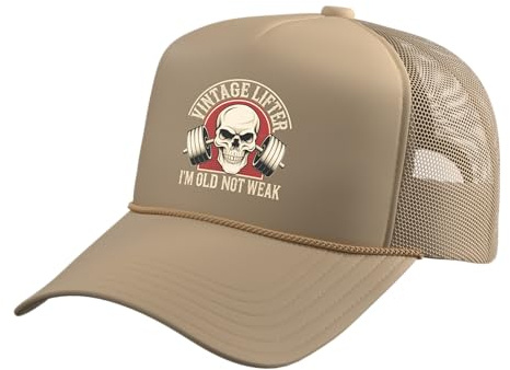 Vintage Lifter I'm Old Not Weak Trucker Hat with Adjustable Mesh Back, Khaki