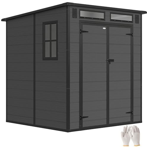 Outsunny Gartenhaus 2,89 m² aus PP und Aluminium mit Boden, Gartenschuppen für Werkzeuge mit doppeltem abschließbarem Tür, Lüftungsöffnungen, 3 Fenstern, schrägem Dach, Handschuhen, dunkelgrau
