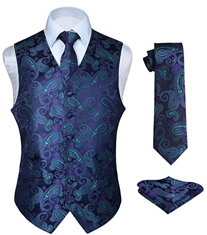 HISDERN Paisley floreale Jacquard floreale gilet e cravatta e fazzoletto da taschino set Viola e verde 3XL