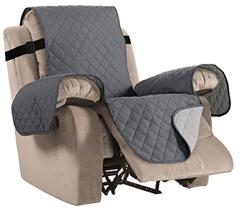 Recliner Cover Recliner Stuhlhussen Recliner Schutzhülle Recliner Protector, Reversible, 5 cm elastische Riemen, Rautenmuster, Baumwolle wie gestepptes Grau/Beige