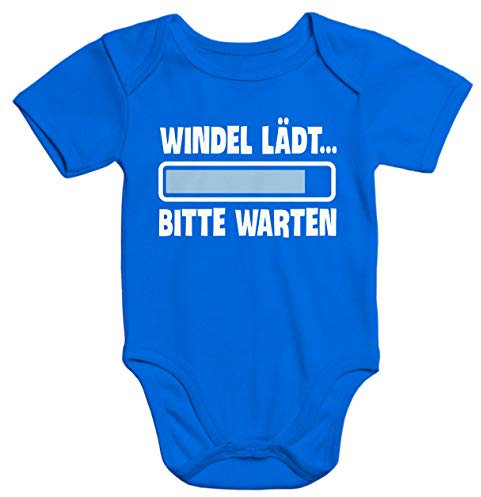 MoonWorks® Kurzarm Baby-Body mit Aufdruck Windel lädt Bitte warten Spruch lustig Bio-Baumwolle blau 6-12 Monate