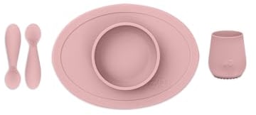 EZPZ Tiny Bowl, Tiny Cup, Tiny Spoons 4 Monate + Schüssel, Becher und Löffel aus 100% Silikon, hellrosa, EUFFB005, 4-teiliges Set