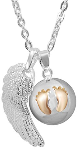 AEONSLOVE Collier Bola de Grossesse avec Chaine, Bijoux Bola de Naissance Pendentif Empreintes avec Ailes d'Anges pour Femmes Enceinte Cadeau Original Noel, 114cm Chaîne