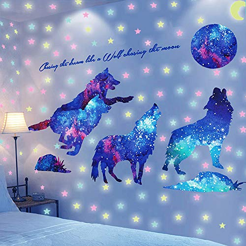 Leuchtend im Dunkeln, Dekoration, Sterne, Wolf, Wandtattoo, AUHOTA abnehmbar, fluoreszierend, Motiv Sterne, leuchtet im Dunkeln, für Kinderzimmer, Baby, Geschenk Wohnzimmer