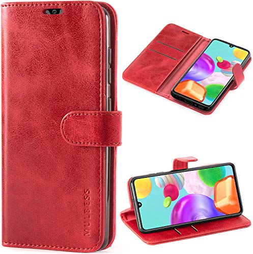 Mulbess Handyhülle für Samsung Galaxy A41 Hülle Leder, Samsung Galaxy A41 Handy Hüllen, Vintage Flip Handytasche Schutzhülle für Samsung Galaxy A41 Case, Wein Rot