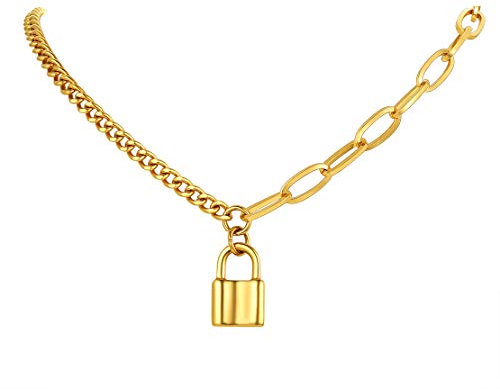 FindChic Damen Halskette mit Schloss Anhänger Panzerkette Gliederkette in Schlossform Mädchen Kette mit Geschenkebox für Geburtstag