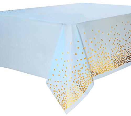 4 Piezas Mantel Desecheble Fiesta Oro Azul Mantel Rectangular Dorado Cubierta de Mesa para Banquetes, Baby Shower, Cumpleaños de Niños, Tertulia, Aniversario, 137 cm x 274 cm