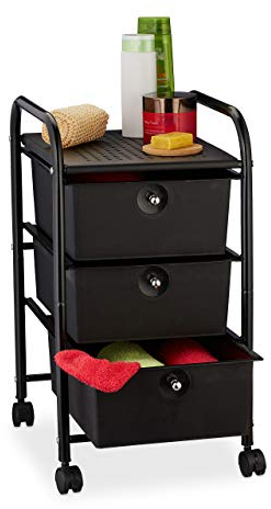 Relaxdays Badrollwagen, 3 Schubladen, Metall & Kunststoff, Rollcontainer Bad, Kosmetik, HxBxT: 60 x 33 x 39 cm, schwarz