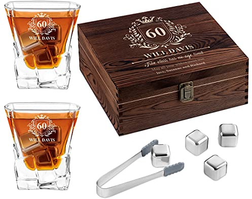 Maverton Whisky Stones & 2 Engraved Glasses Gift Set - 250ml Whisky Glasses in Personalised Wooden Box - Birthday Gift for Men - Gift idea for him Class