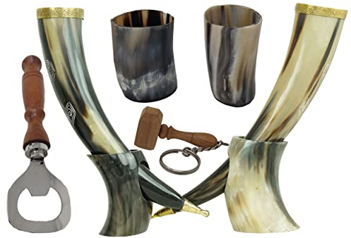 Galaxy Indiacraft Viking Corne de bœuf | Chope | Tasse | Tasse pour bière, hydromel, vin, verre à liqueur, décapsuleur | 100 % sans fuite | Naturel et fait à la main | Offres combinées (2 cornes)