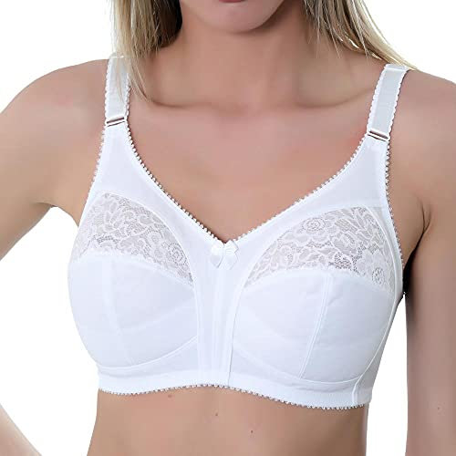 Gemm Ladies White Non Wired Lace Trim Plus Size Bra with Large Cup Sizes Full Firm Support (46 DD, White)