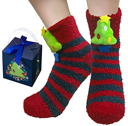 BINXWA Weihnachtsgeschenke für Frauen Kuschelsocken, Antirutschsocken damen Geschenk für frauen, Flauschige socken Weihnachtsbaum, stoppersocken damen warm mit Geschenkbox