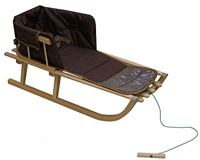 Holzschlitten für Kinder mit Rückenlehne Rodelschlitten Davoser Schlitten aus Holz mit einem Sicherheitsgurt, Rückenlehne und Winterfußsack (Natur/Braun Matratze)