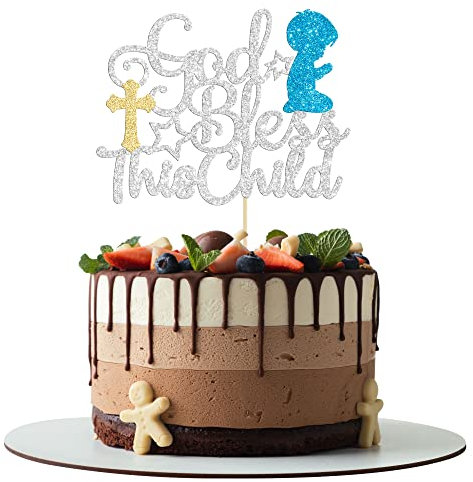 Gyufise 1 x God Bless This Child Cake Topper Baptism Decoration Silver Glitter First Communion God Bless Boy Cake Decorations for Baptism Baby Shower Birthday Christmas Party Decorations Supplies