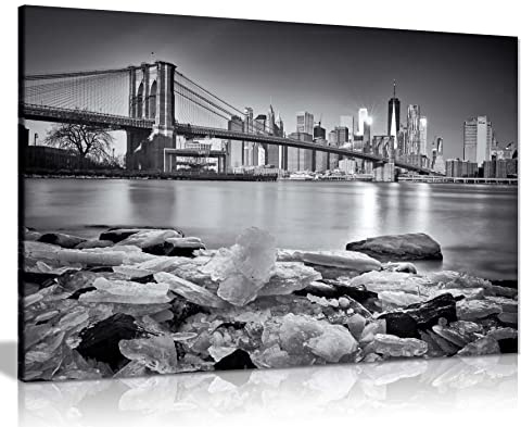 Panther Print Fine Art Prints Architectural New York Brooklyn Bridge Skyline Artistic Framed Canvas Print, Pictures for Home Walls, Bedroom, Living Room & Bathroom Decor 31x20cm (12x8in)