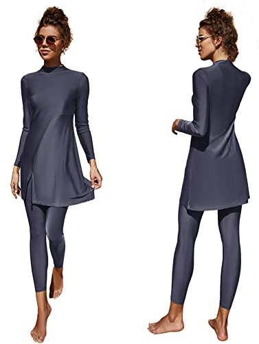 Femmes Maillots de Bain Musulmans Islamique Modest Couverture Complète Burkini Manches Longues Haut Pantalon Natation été Tenue de Plage Maillots Rashguards 2 Pièce Gris - Ourlet Fendu S