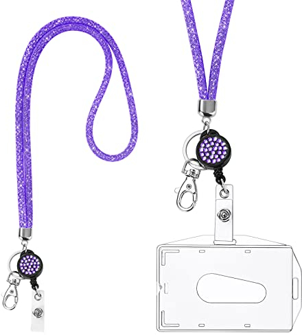 Vicloon Crystal Lanyard Halskette, Kristall Lanyard Halskette mit Transparent Ausweishalter, Schlüsselanhänger Band, ID Card Holder Abzeichen Kit für Schlüsselanhänger und ID-Hellblau(Violett)