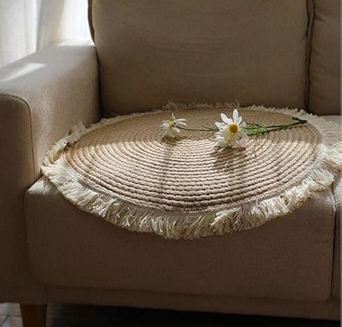 Round Rug Hand Woven Area Rug Cotton Linen Floor Mat Natural Circle Carpet Rope Woven Handmade Rug Non Slip Indoor Outdoor Floor Mat With Tassels Decorative Home Office Living Room Bedroom (17.7 inch)