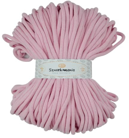 Sznurkomania, Baumwollkordel 9mm 50m, viele Farben, Makramee Garn, Baumwollgarn, geflochtene Baumwollkordel 9mm mit Kern, Häkelkordel, gehäkelte Tasche (Puderrosa)