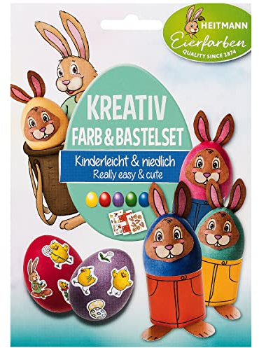 Heitmann Eierfarben - Kit de peinture et de bricolage créatif - 5 comprimés de colorants à œufs en jaune, rouge, violet, vert et bleu + feuille d'autocollant, visage de lapin et coquetiers