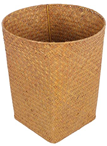 Alipis Natural Storage Baskets Round Straw Waste Paper Basket Woven Waste Bin Wicker Small Paper Trash Can Rubbish Basket for Home Bedroom Bathroom Kitchen Offices Seagrass Planter Basket
