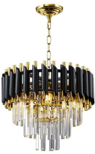 Modern Led Crystal Pendant Light black and Golden Crystal Chandelier Lights 3-Tier Raindrop Chandelier Light Fixture Flush Mount Ceiling Light for Dining Room,D40cm E14x4 LED lights