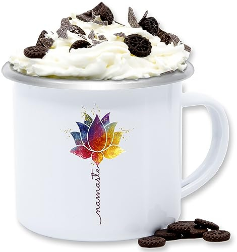 Emaille Tasse Blechtasse - Tassen - Namaste Lotusblüte Yoga Mandala Spirit Wellness Meditation - 300 ml - Weiß Silber - joga lotusblume kaffeetasse geschenke becher fans emailletasse für blech