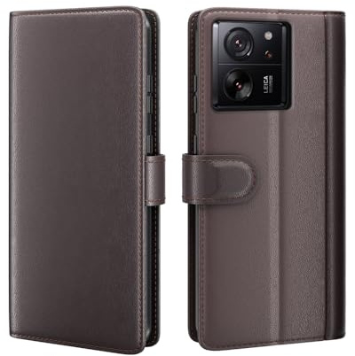 COQUE hülle für Xiaomi 13T Pro Shell, Echtes Rindsleder Flip Cover mit Kartensteckplatz Lederhülle für Xiaomi 13T Pro-Braun