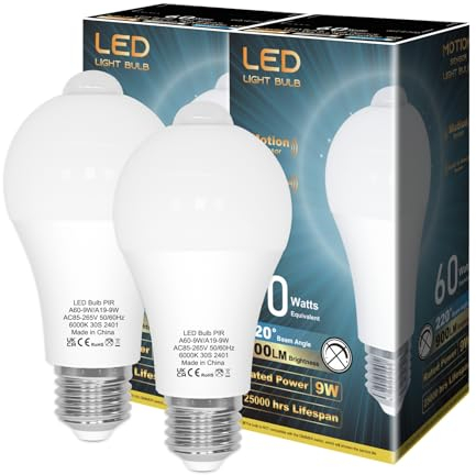 LUTW Motion Sensor Light Bulb, E27 Screw Bulb Equivalent 60W Incandescent, Cool White 6000K 9W 900LM, Auto On/Off Indoor Outdoor Security Light Bulb for Garage, Stairs, Hallway Basement, 2 Pack