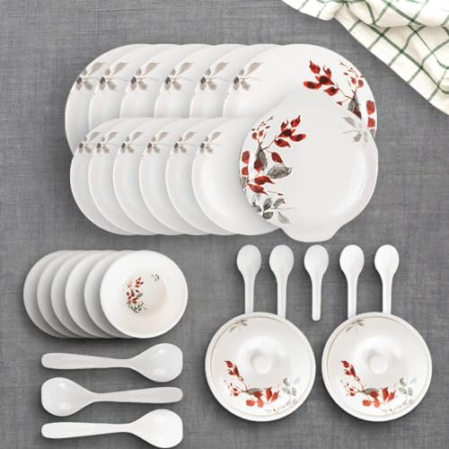 Four Leaf Dine Smart Melamine 32 Pieces Dinner Set Heat-Resistant | Unbreakable & Durable | Shatter-Resistant | Light-Weight | BPA Free (Red Grey Leaf)