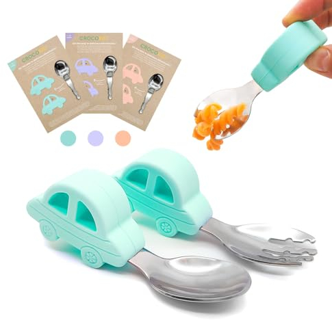 CROCOKID® Lot de couvert bebe 18 mois/Couvert dme/Cuillere apprentissage + fourchette pour bebe en forme de voiture, ergonomiques & ludiques/Repas de bébé, couverts Inox et silicone – MENTHE