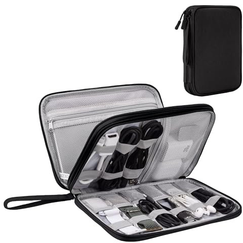 Organizador de Cables para Viaje con Doble Capa - Bolsa Técnica Impermeable para Cargadores, Teléfonos, Auriculares, Tarjetas | Travel Essentials para Viajes Accesorios, L, Negro