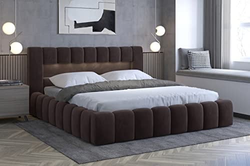 KEF Carmen Bett 180x200 cm - Modern Polsterbett mit LED Beleuchtung - Doppelbett mit Bettkasten und Lattenrost - Robust Bett mit Stauraum - Bett mit Metallrahmen - Monolith 29 Braun