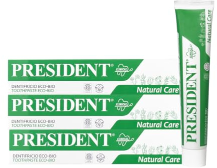 President Set mit 3 Zähnen ECO-BIO. Ohne Menthol und ohne Fluorid. Natürlicher Rundumschutz für Zähne und Zahnfleisch. Natürliche antibakterielle Wirkung. 3 x 75 ml