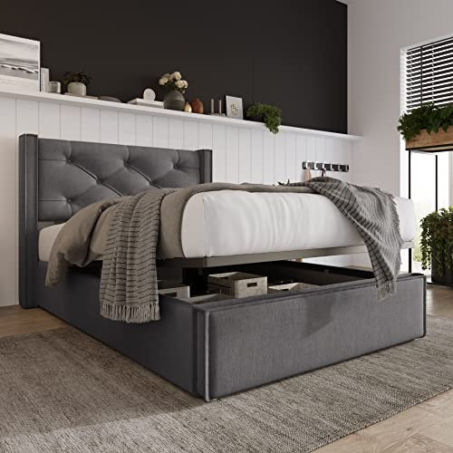 Zravenna Bett 90x200 mit Bettkasten, Polsterbett Stauraumbett mit Lattenrost aus Metallrahmen (Ohne Matratze), Baumwolle Einzelbett Bettgestell, Grau (Grau, 90x200cm)