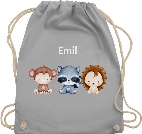 Turnbeutel Rucksack - Tiere - Affe Waschbär Igel - Unisize - Hellgrau - personalisierte kindergarten beutel tier stoffbeutel wäschebeutel kita tieren turnsackerl tasche kindergartenkind