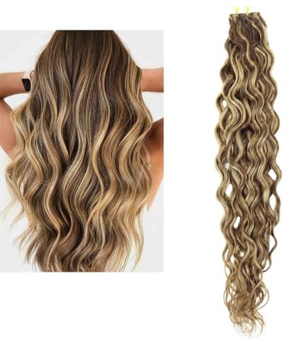 Larafona Hair Tape Extensions Echthaar Lockig, Blond Haarverlängerungen Highlights Braun, Wellig Remy Haar mit Band P4/27# 20pcs, 50g 16inch/40cm