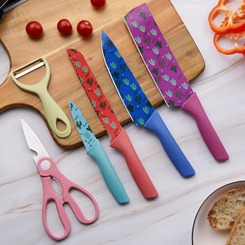 Trusttread Set di coltelli da cucina, 6 coltelli da cucina in ceramica colorati con rivestimento antiaderente, per tagliare frutta verdura carne - leggero e durevole