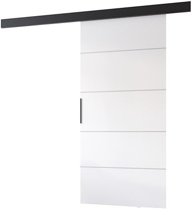 MINIO go for it - Schiebetüren 86 cm, Schiebetür Zimmertür PRIM B, Schiebetürsystem für Zimmer, Dekorative Streifen, Wandmontage, Türe Innen - Silber/Schwarzer Griff, Weiss/Schwarz