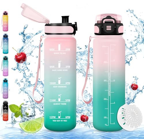 Vikaster Gourde sport, Gourde 0.5l, sans BPA, Étanche & Réutilisable, Bouteille d'eau avec Marqueur de Temps et Filtre, Convient Pour la Enfant & Adulte, Gym, Yoga, Camping, Sport, Gourde Randonnée