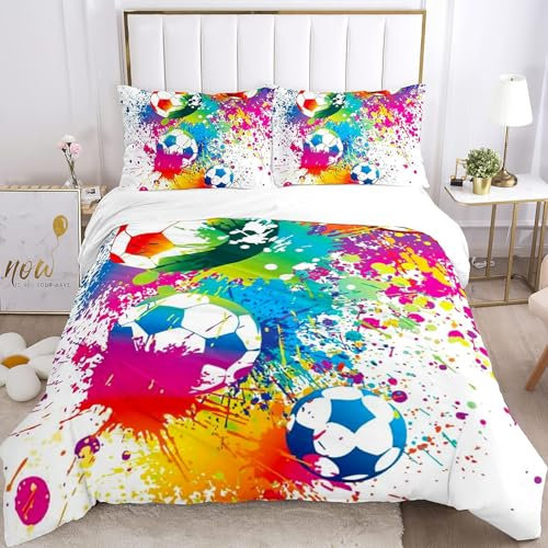 Tabeskly Fußball BettwäSche Jungen Kinder Bed Duvet Cover Bedding Set Graffiti Polychrom Weiß 135×200cm