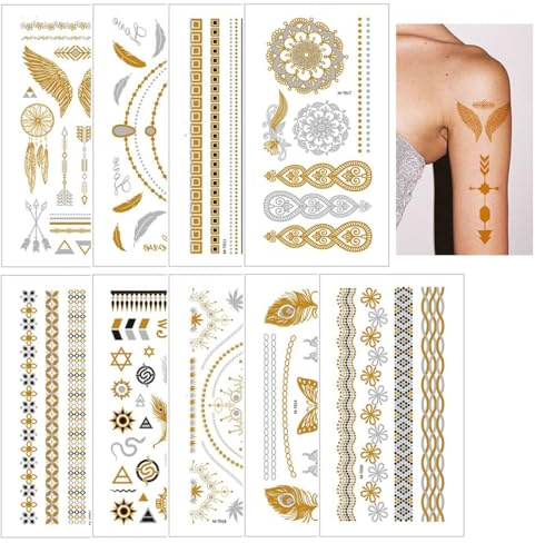 Metallici Tatuaggi Temporanei Tattoo Impermeabile Adesivi, 9 Fogli Tatuaggi Oro Temporanei Tatuaggi Flash D'oro, Estate Tattoo Metallici Tatuaggi Temporanei Tattoo Impermeabile Adesivi Disegni