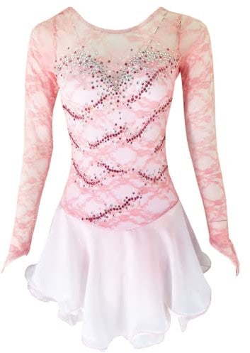 YDHTIZ Eiskunstlauf Wettkampf Kleid Für Damen Handgefertigtes Eislauf Kleid Aus Spitze Für Mädchen Gymnastik Performance Kostüm Rollschuh-Kleid Handgemacht,Rosa,S