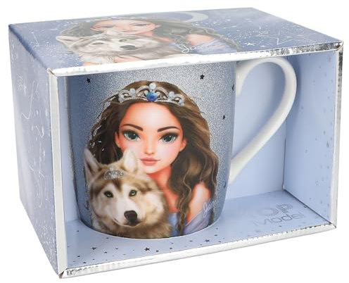 Depesche 13066 TOPModel Wolf - Tasse in Weiß, mit Model Motiv und blau-schimmerndem Aufdruck, Trinkbecher aus Porzellan mit Henkel, Füllmenge ca. 300 ml