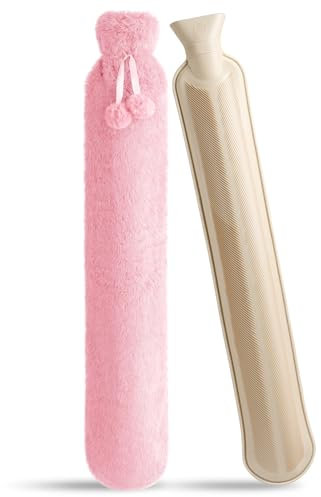 URBZUE Lange Wärmflasche, lange Wärmflasche mit Bezug, weich, 2 l, extra lange Wärmflasche für Nacken, Rücken, Schulter, Schmerzlinderung, Rosa